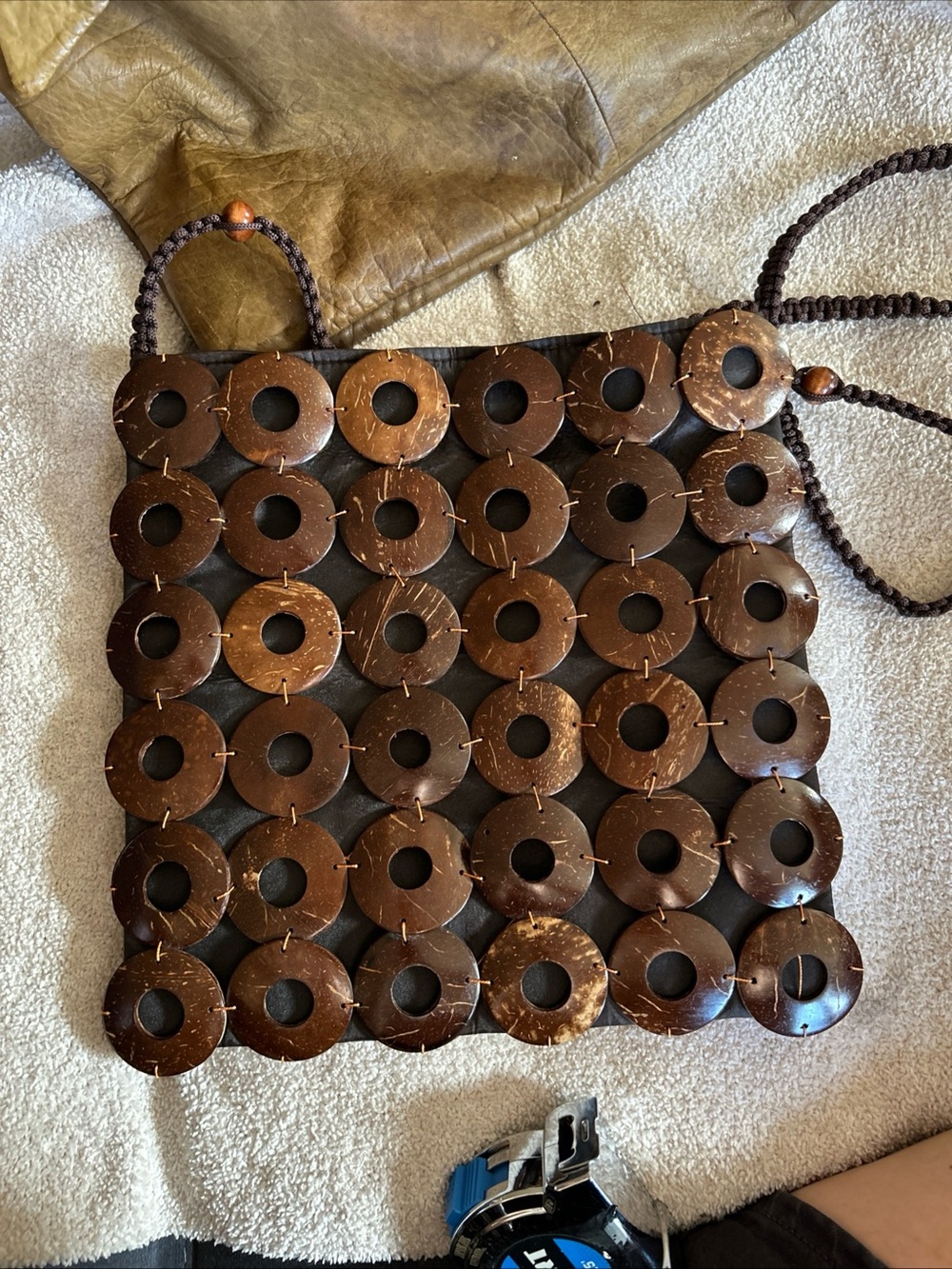 Natural Coconut Shell Beads Crossbody Purse Handbag Brown Speckled